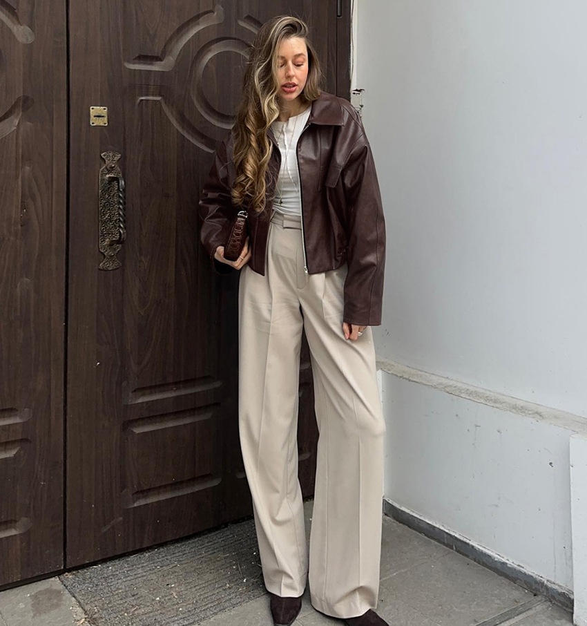 Giacca bomber da donna in similpelle marrone scuro