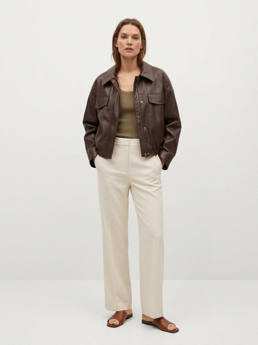 Giacca bomber da donna in similpelle marrone scuro