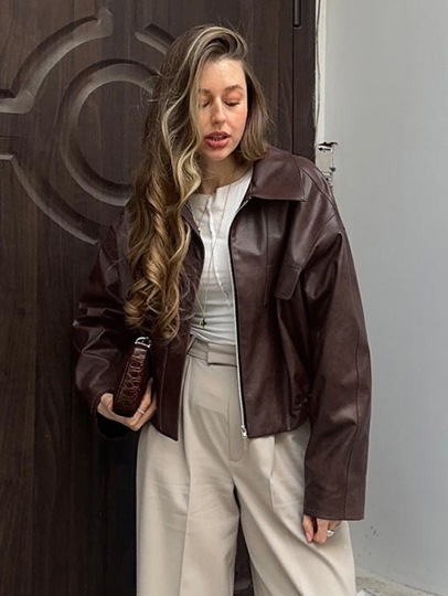 Giacca bomber da donna in similpelle marrone scuro