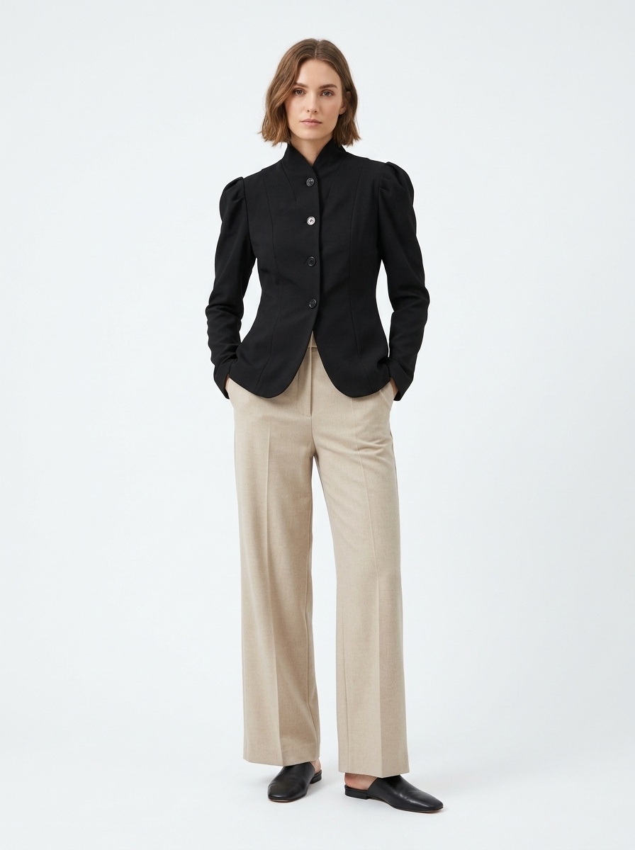 Blazer da donna sartoriale con collo alto e maniche a sbuffo.