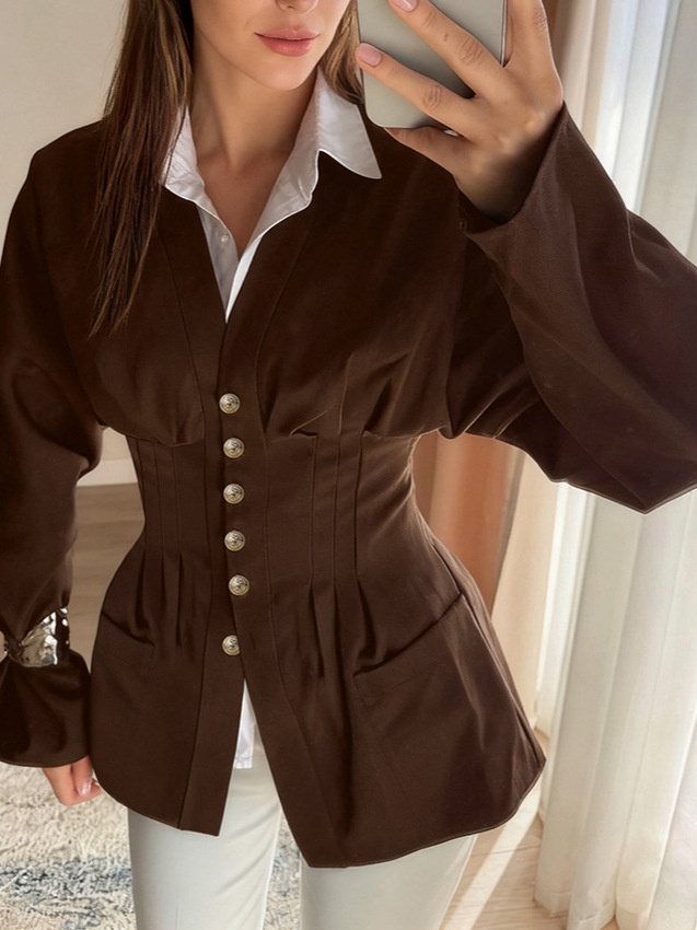 Giacca da donna con scollo a V, corsetto e baschina