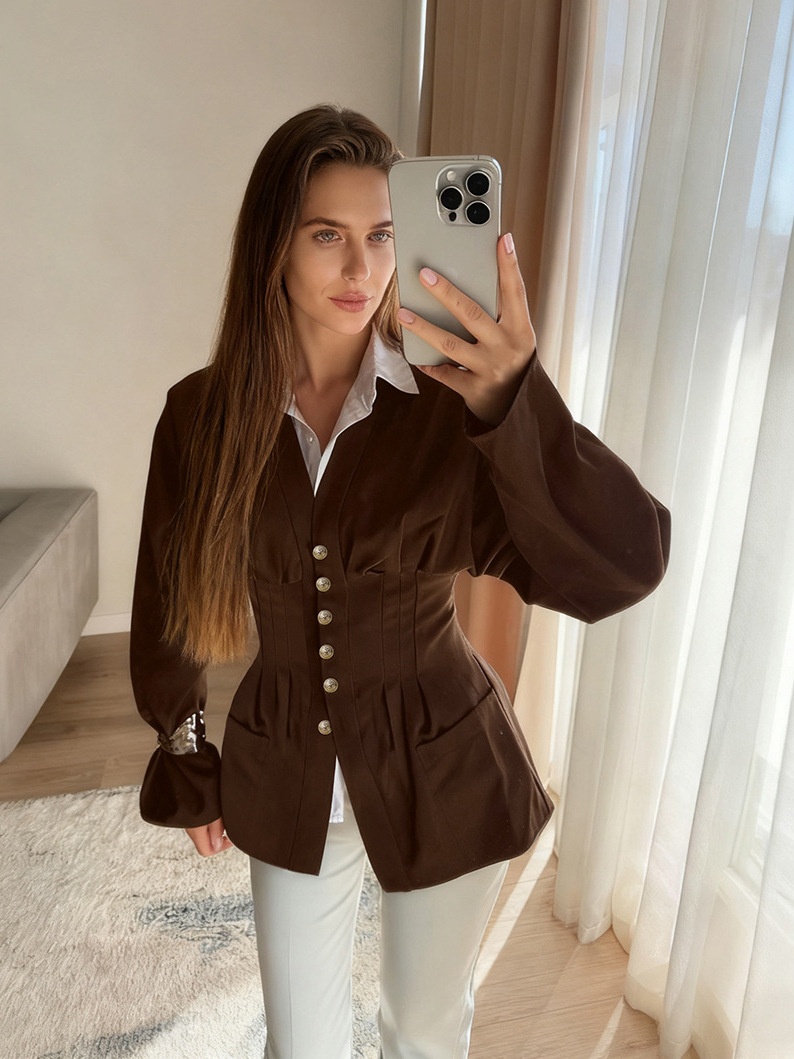 Giacca da donna con scollo a V, corsetto e baschina