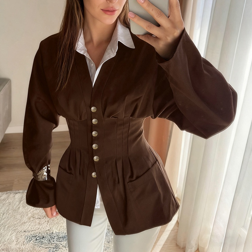 Giacca da donna con scollo a V, corsetto e baschina