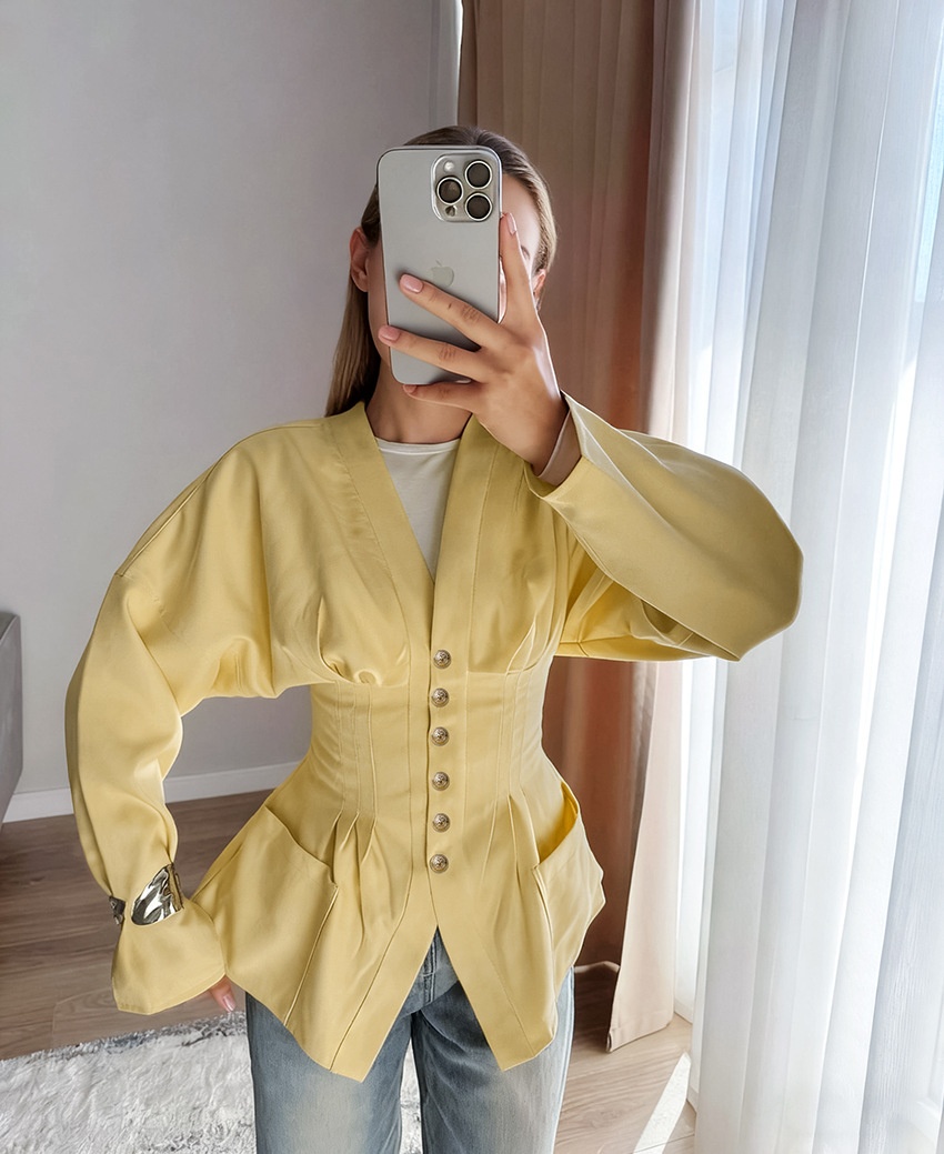 Giacca da donna con scollo a V, corsetto e baschina