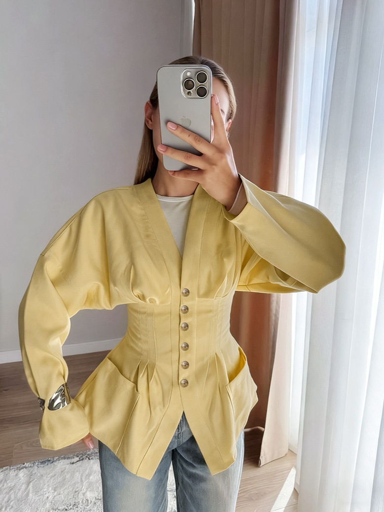 Giacca da donna con scollo a V, corsetto e baschina