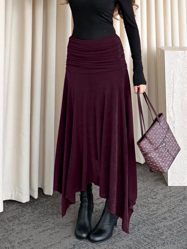 Wine Red Ruched Waist Asymmetrical Midi Skirt