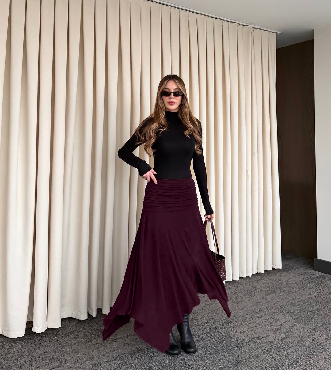 Wine Red Ruched Waist Asymmetrical Midi Skirt