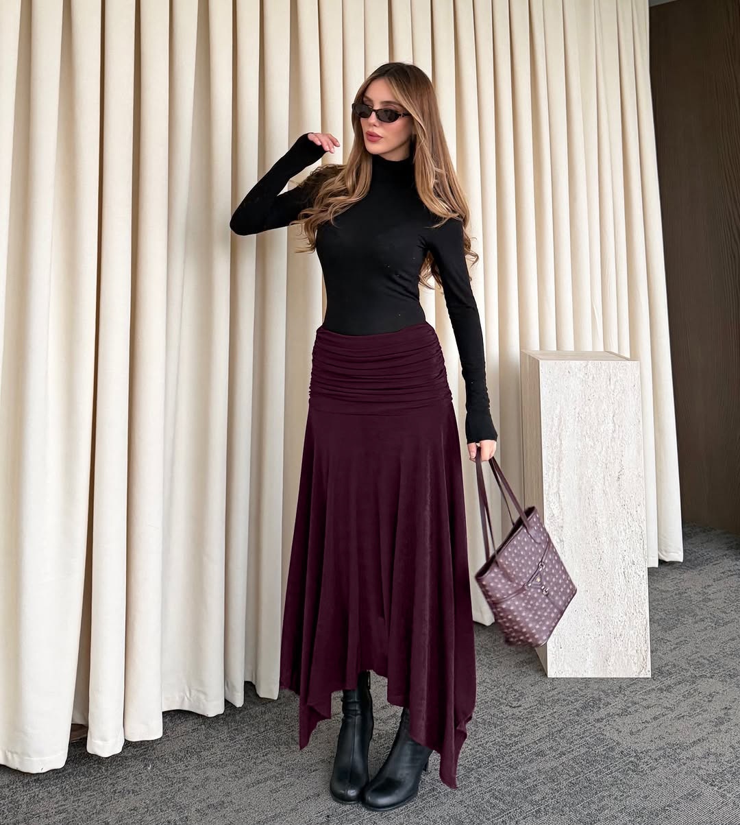 Wine Red Ruched Waist Asymmetrical Midi Skirt