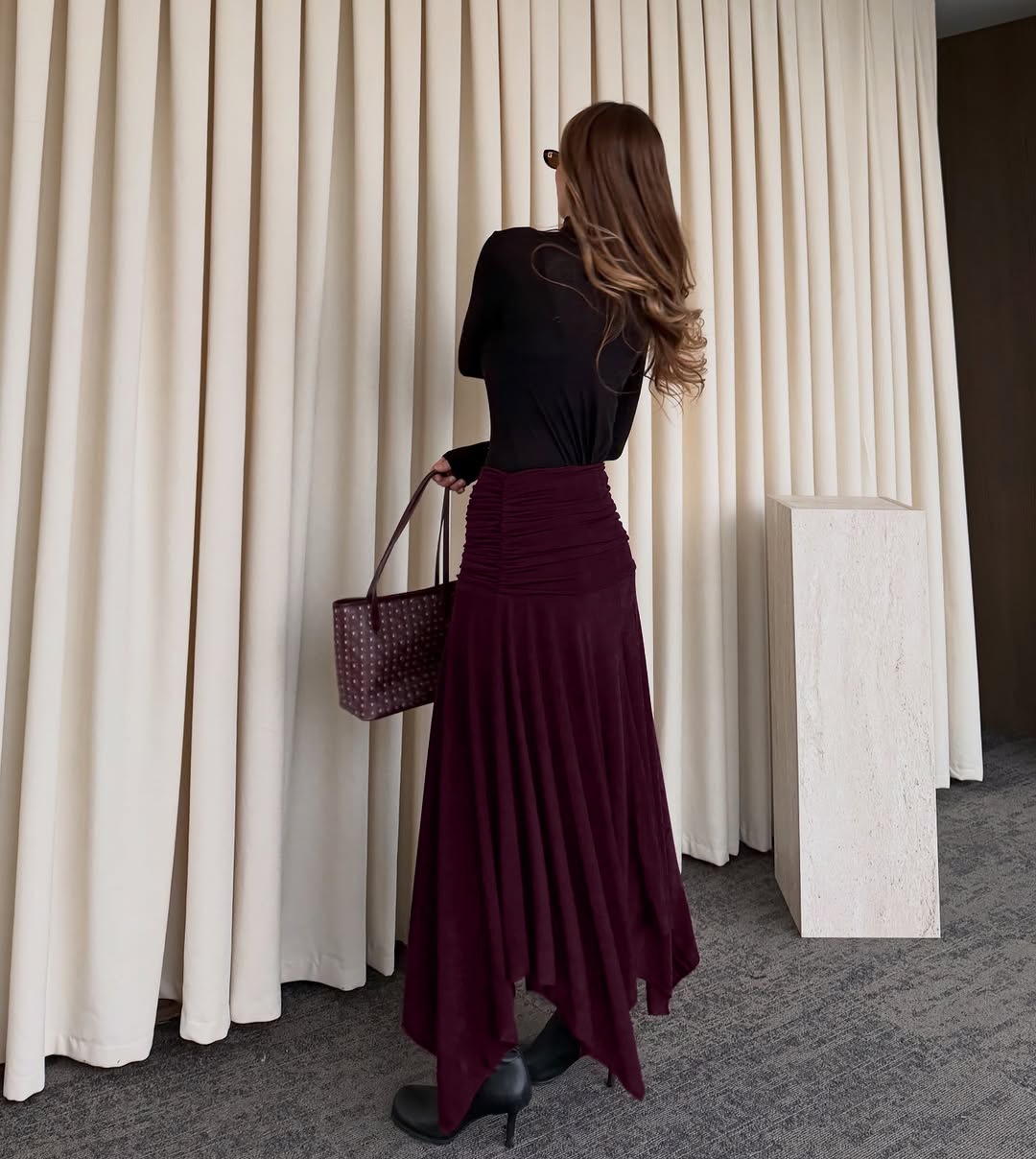 Wine Red Ruched Waist Asymmetrical Midi Skirt