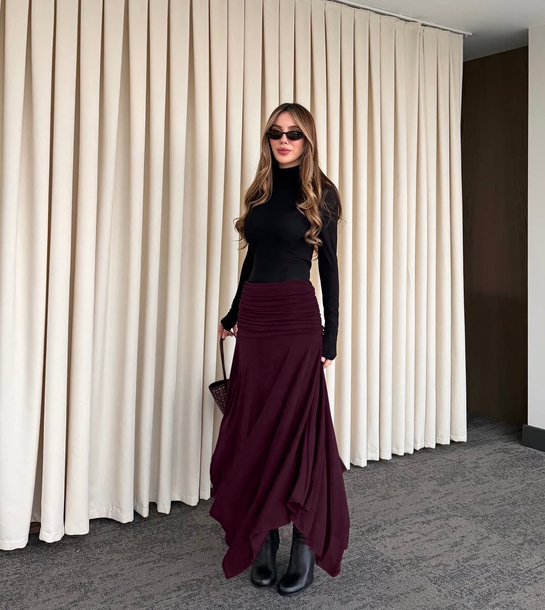 Wine Red Ruched Waist Asymmetrical Midi Skirt