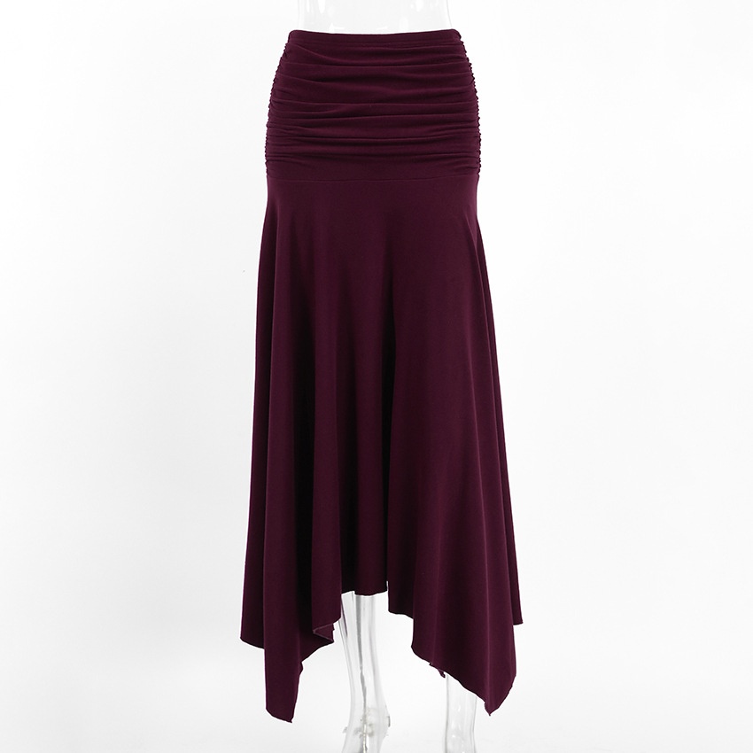Wine Red Ruched Waist Asymmetrical Midi Skirt