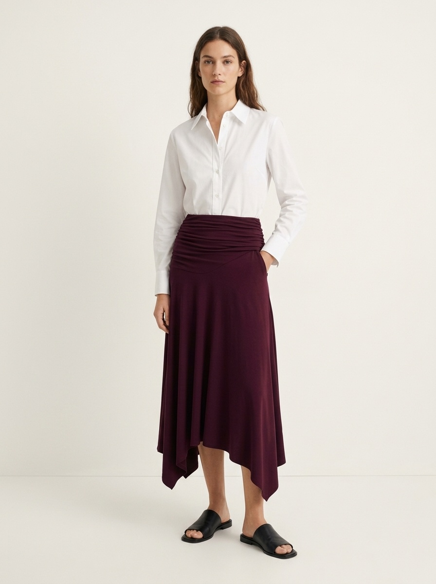 Wine Red Ruched Waist Asymmetrical Midi Skirt