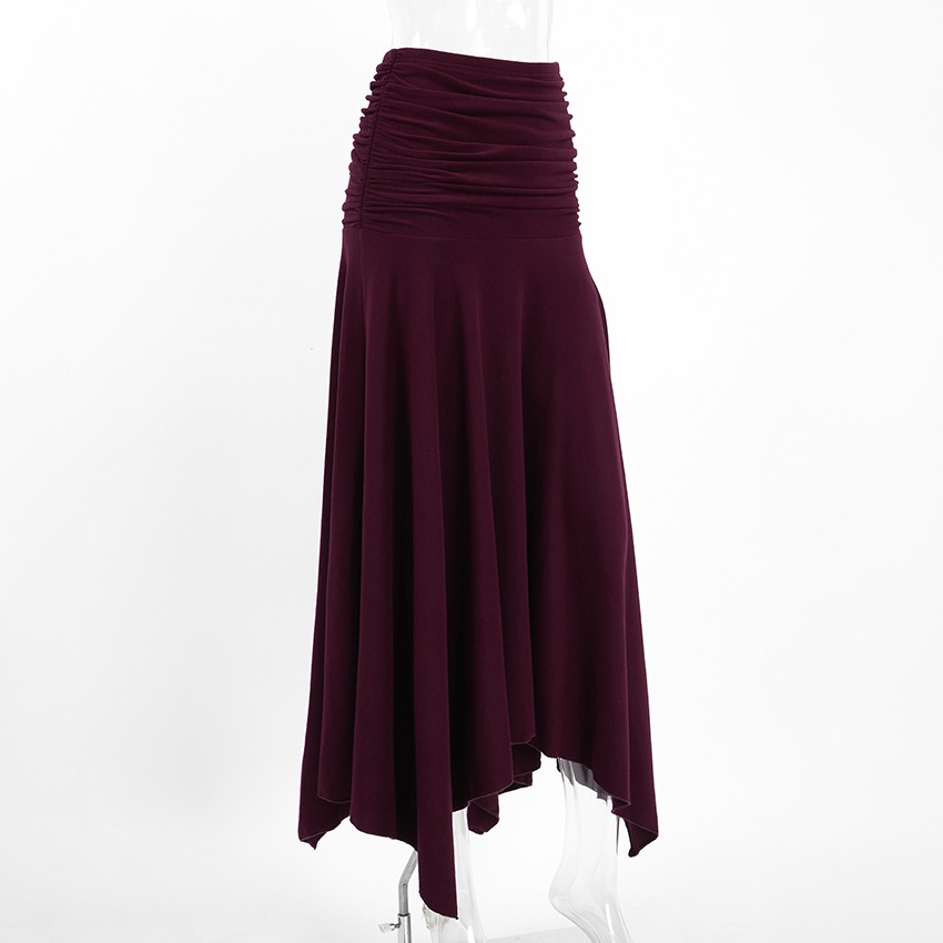 Wine Red Ruched Waist Asymmetrical Midi Skirt