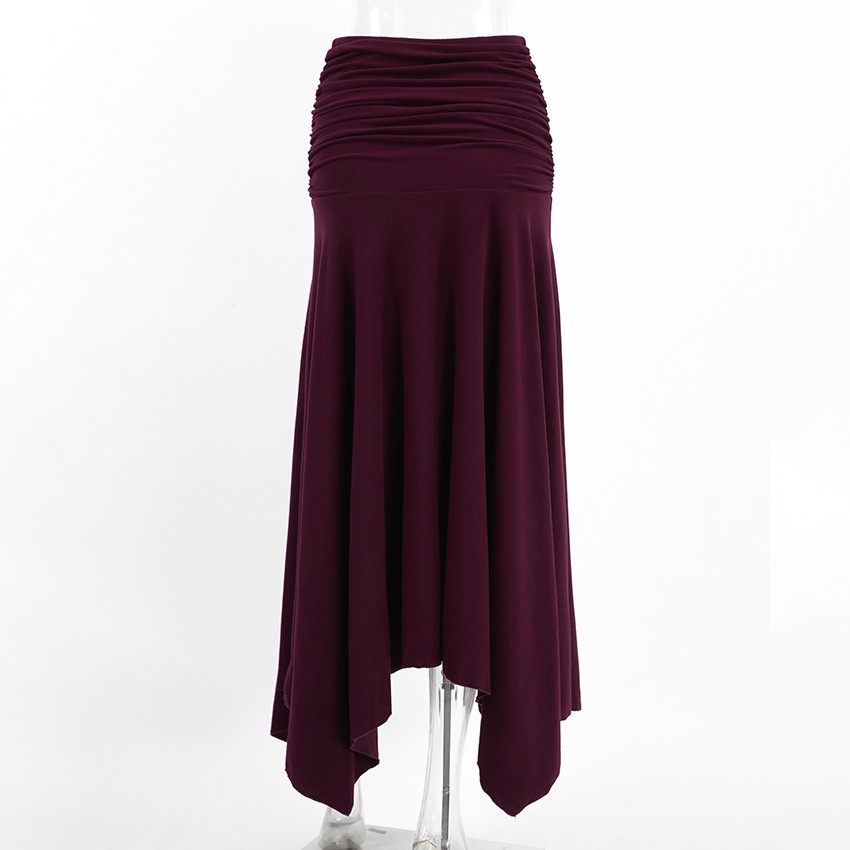 Wine Red Ruched Waist Asymmetrical Midi Skirt
