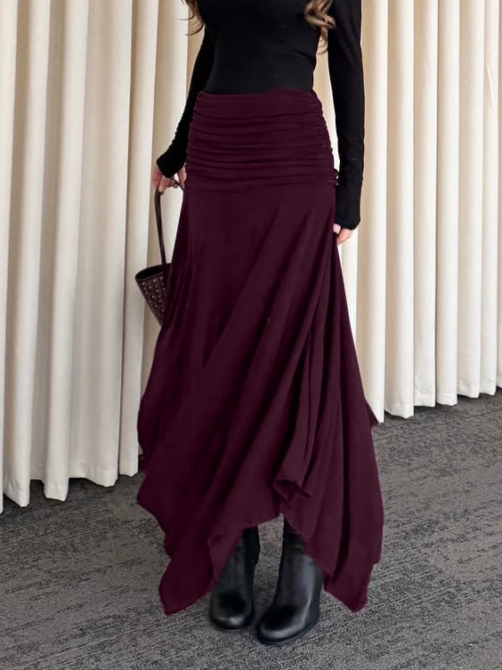 Wine Red Ruched Waist Asymmetrical Midi Skirt