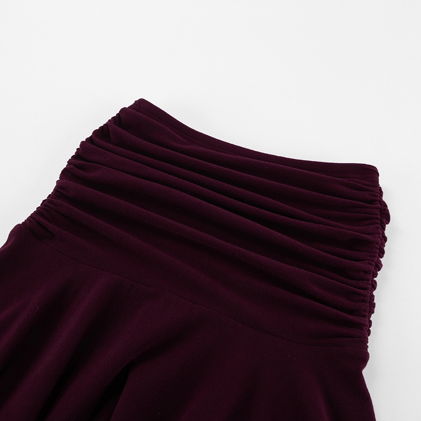 Wine Red Ruched Waist Asymmetrical Midi Skirt