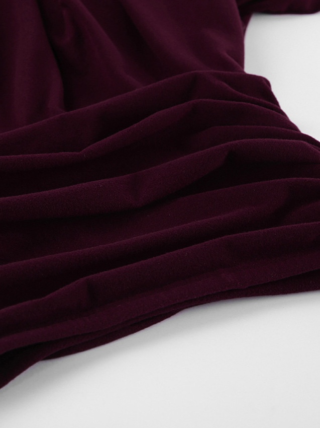 Wine Red Ruched Waist Asymmetrical Midi Skirt