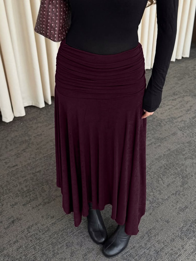 Wine Red Ruched Waist Asymmetrical Midi Skirt