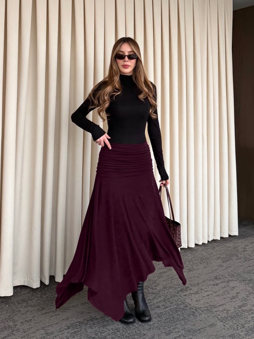 Wine Red Ruched Waist Asymmetrical Midi Skirt