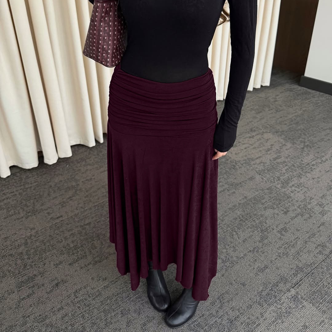 Wine Red Ruched Waist Asymmetrical Midi Skirt