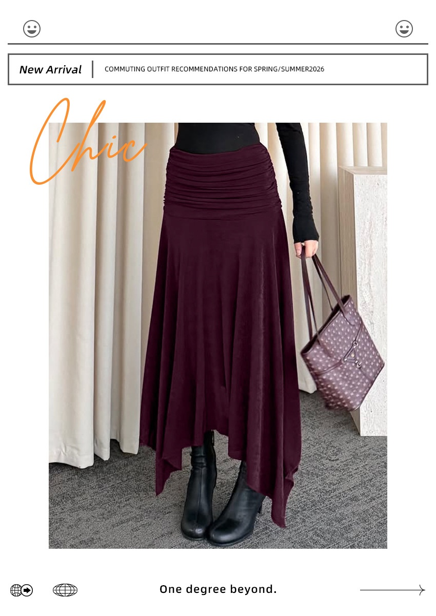 Wine Red Ruched Waist Asymmetrical Midi Skirt
