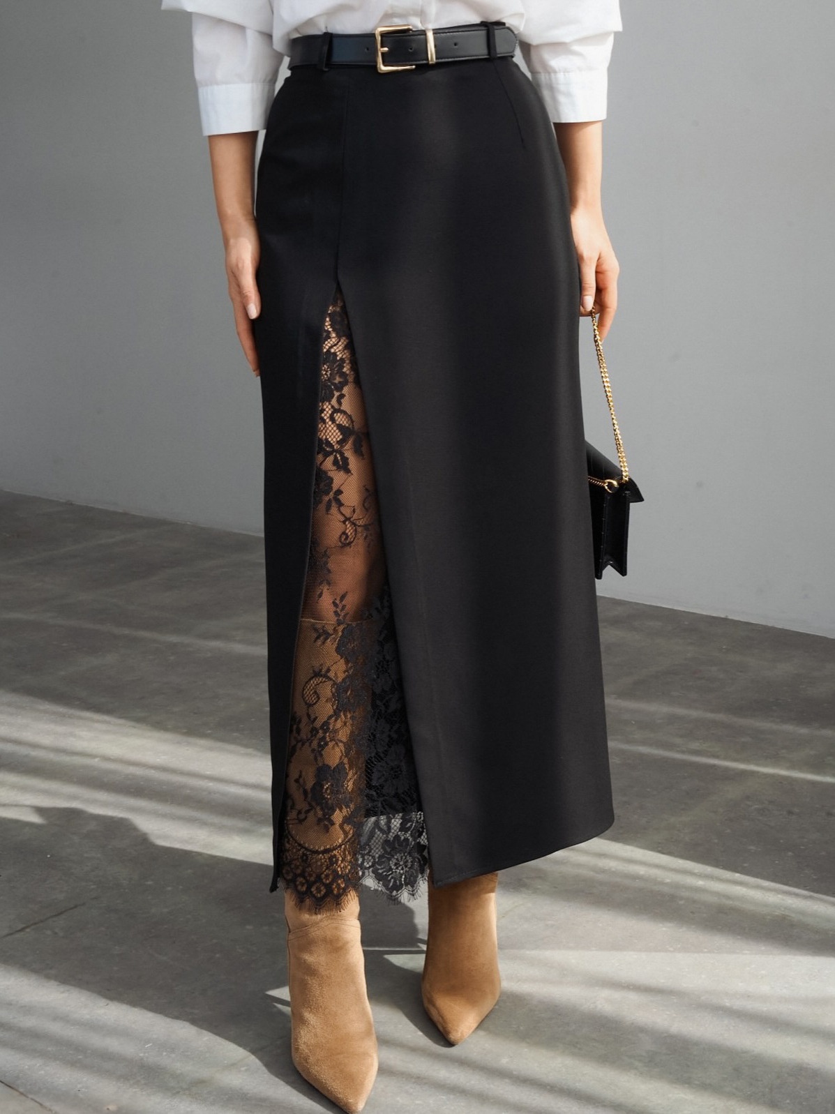 Lace Inset Slit Column Maxi Skirt