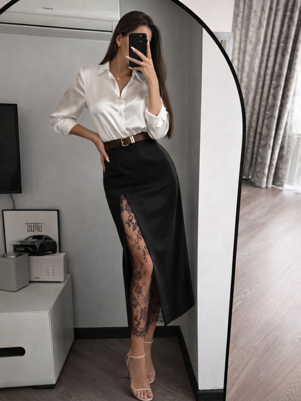 Lace Inset Slit Column Maxi Skirt