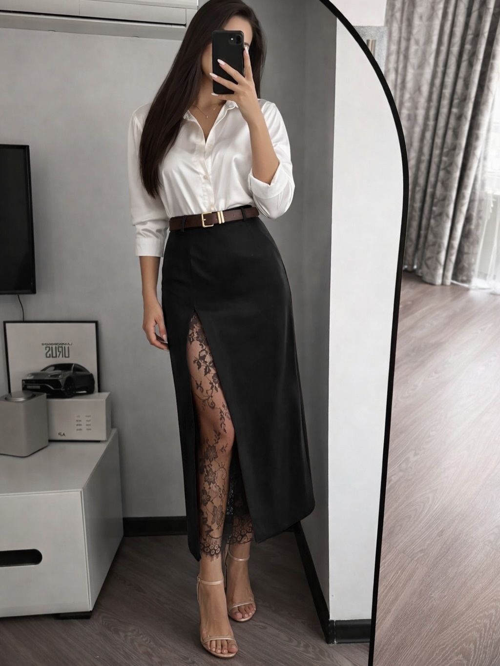 Lace Inset Slit Column Maxi Skirt