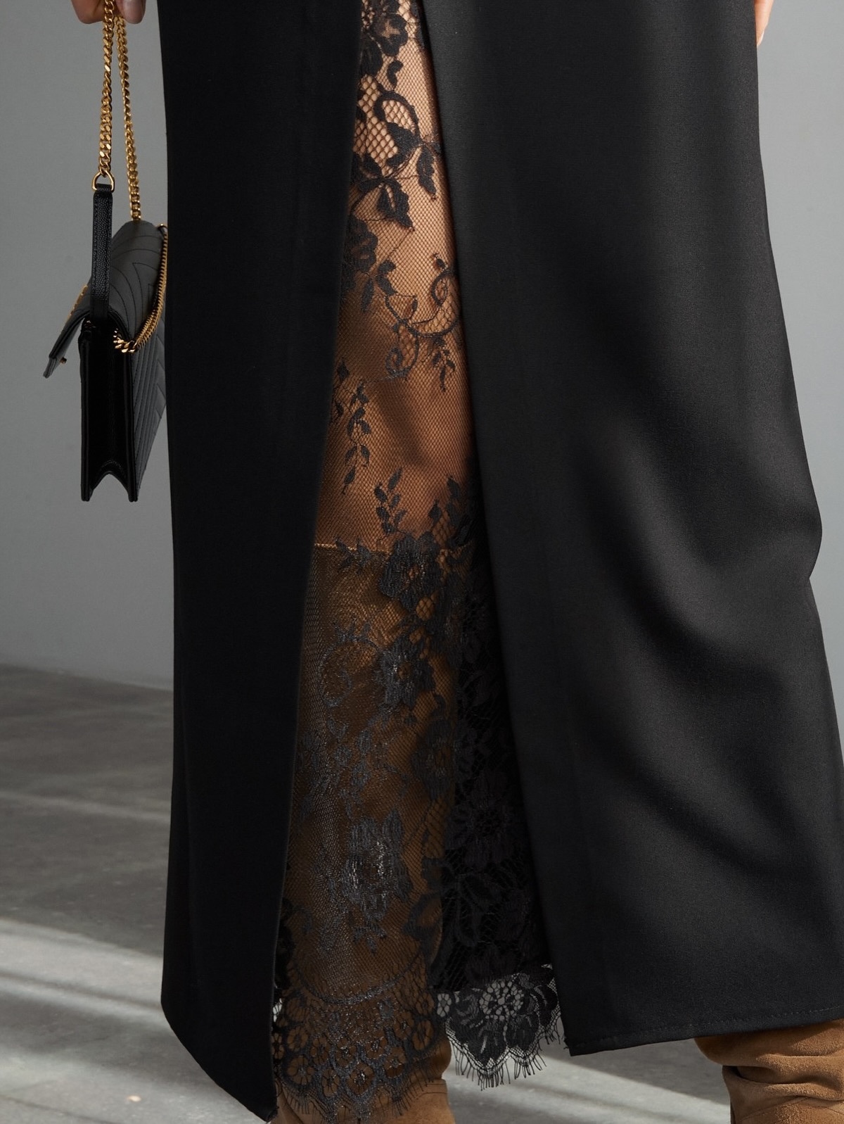 Lace Inset Slit Column Maxi Skirt