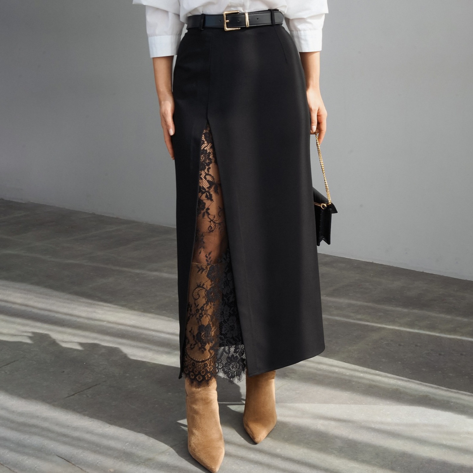 Lace Inset Slit Column Maxi Skirt