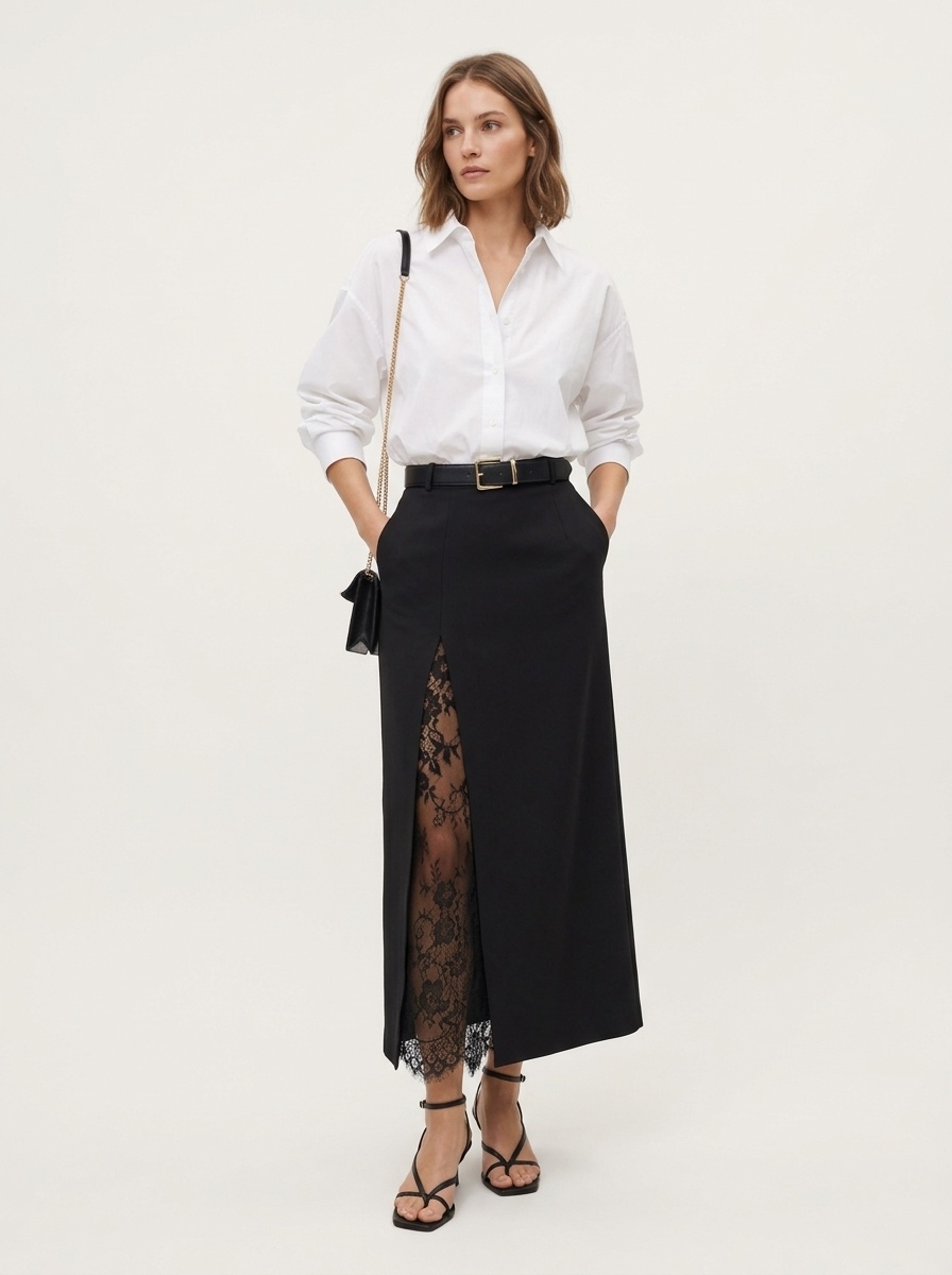 Lace Inset Slit Column Maxi Skirt