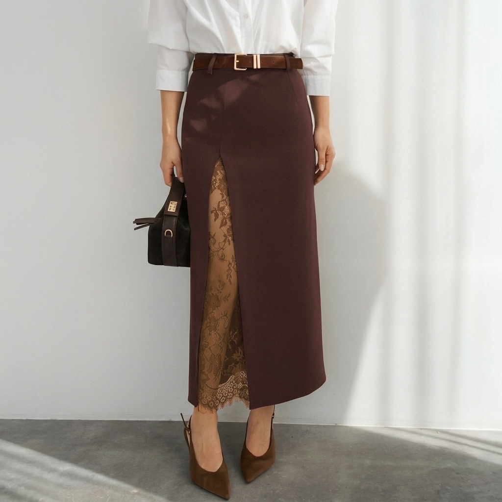 Lace Inset Slit Column Maxi Skirt