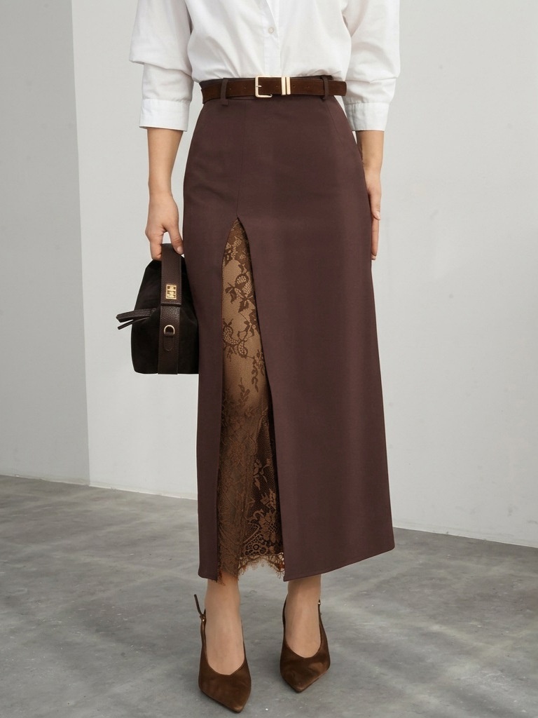 Lace Inset Slit Column Maxi Skirt