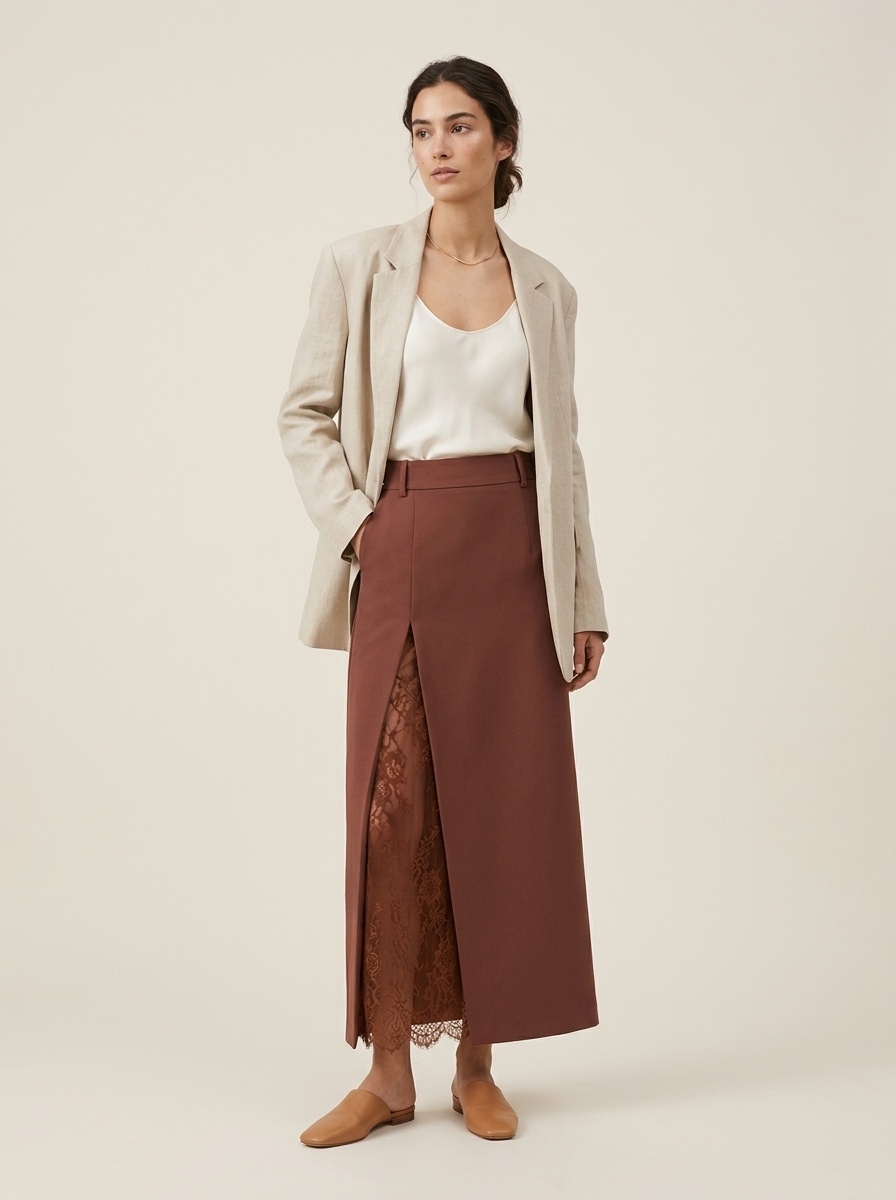 Lace Inset Slit Column Maxi Skirt