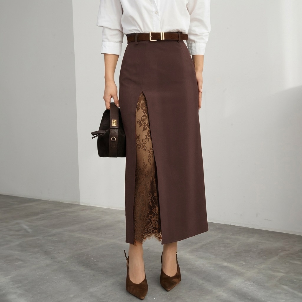 Lace Inset Slit Column Maxi Skirt