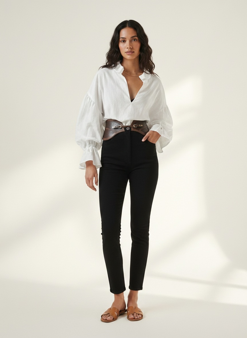 Chemisier blanc à volants, col en V et manches bouffantes pour femme