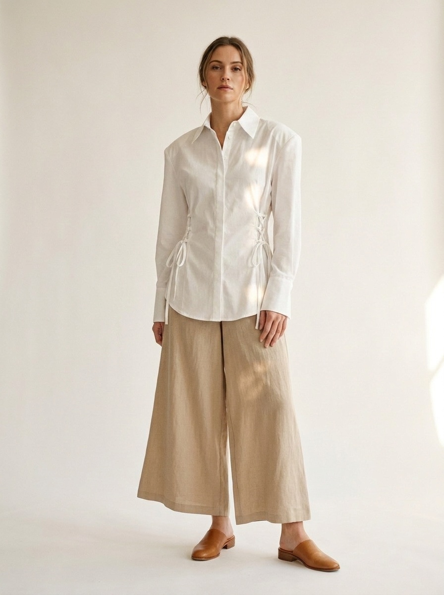 Chemise blanche chic à épaulettes et lacets boutonnés