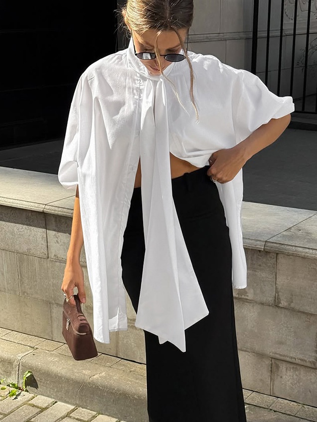 Chemisier blanc oversize à col cravate - Chemise chic et moderne