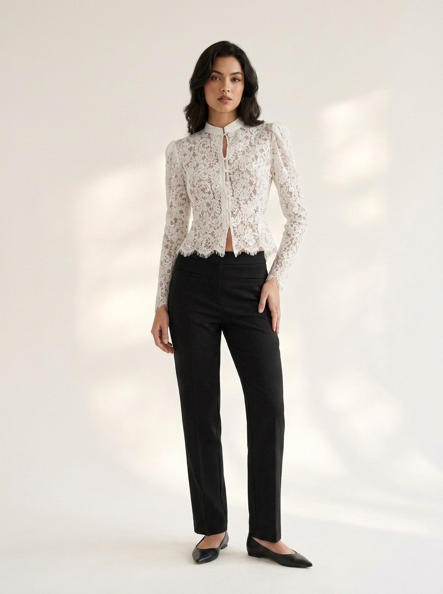 Chemisier élégant en dentelle blanche à col montant - Haut à manches longues