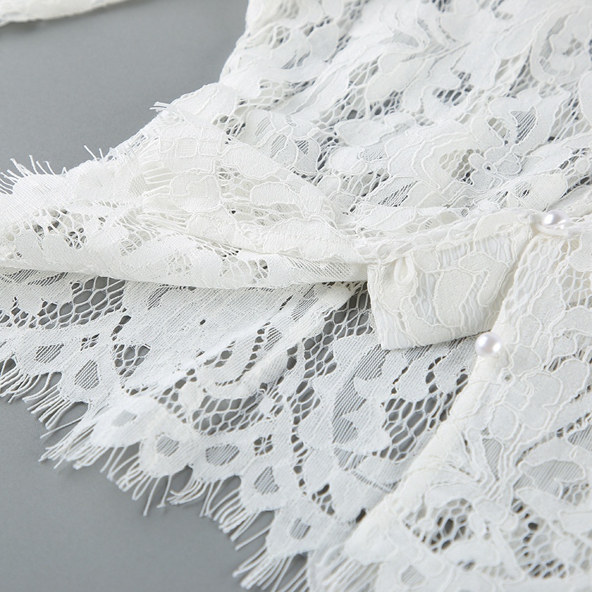 Chemisier élégant en dentelle blanche à col montant - Haut à manches longues