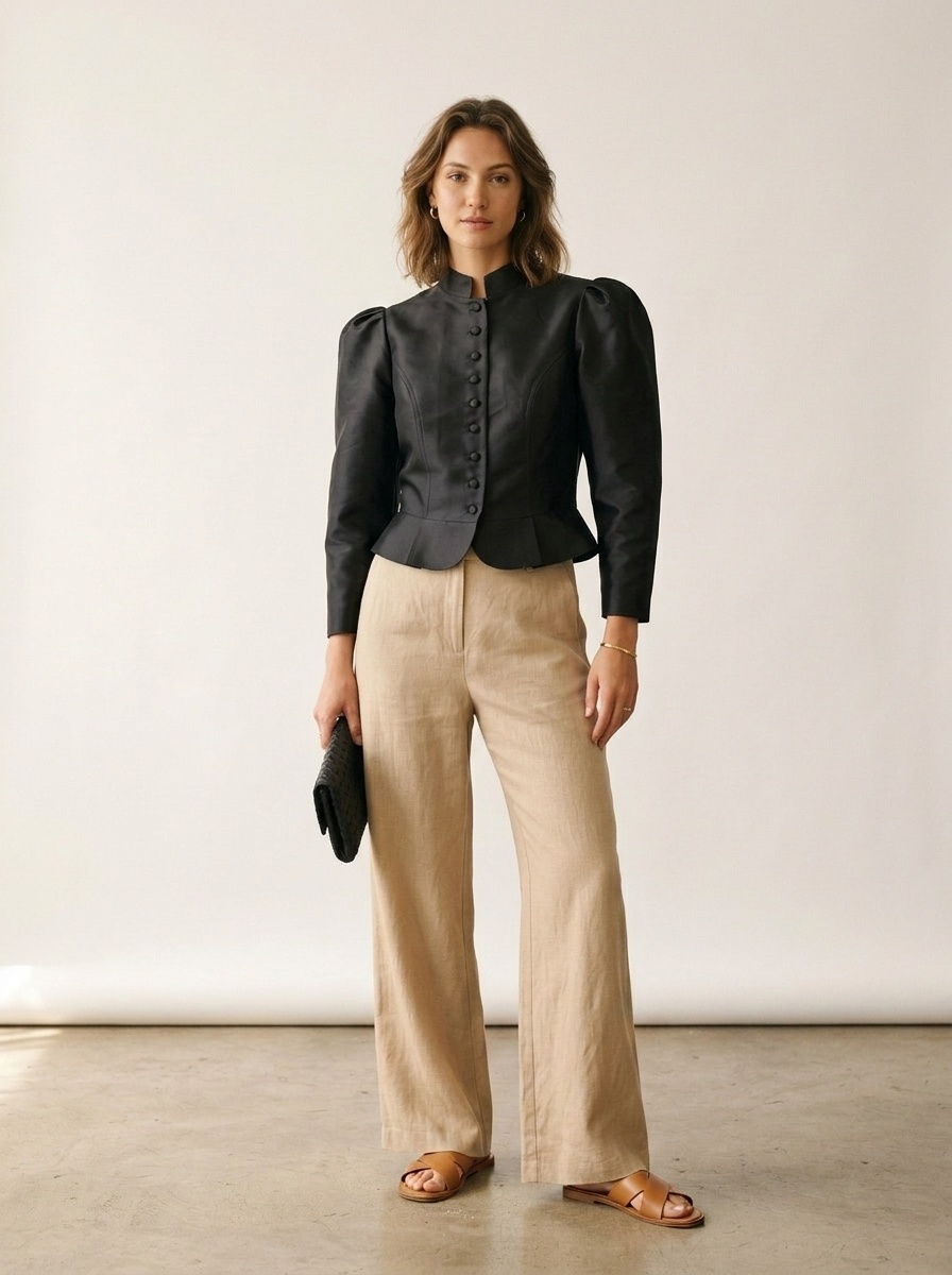 Chemisier court élégant à manches bouffantes et col montant