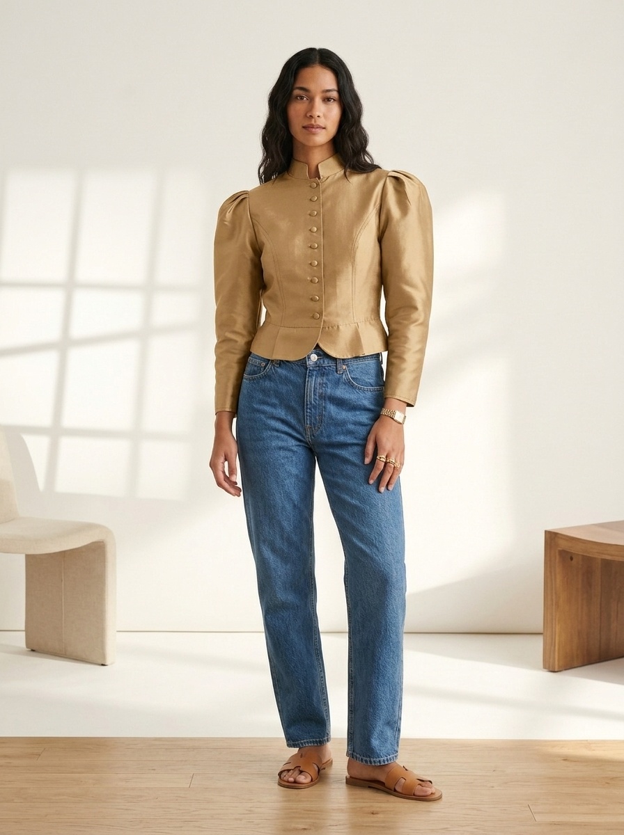 Chemisier court élégant à manches bouffantes et col montant