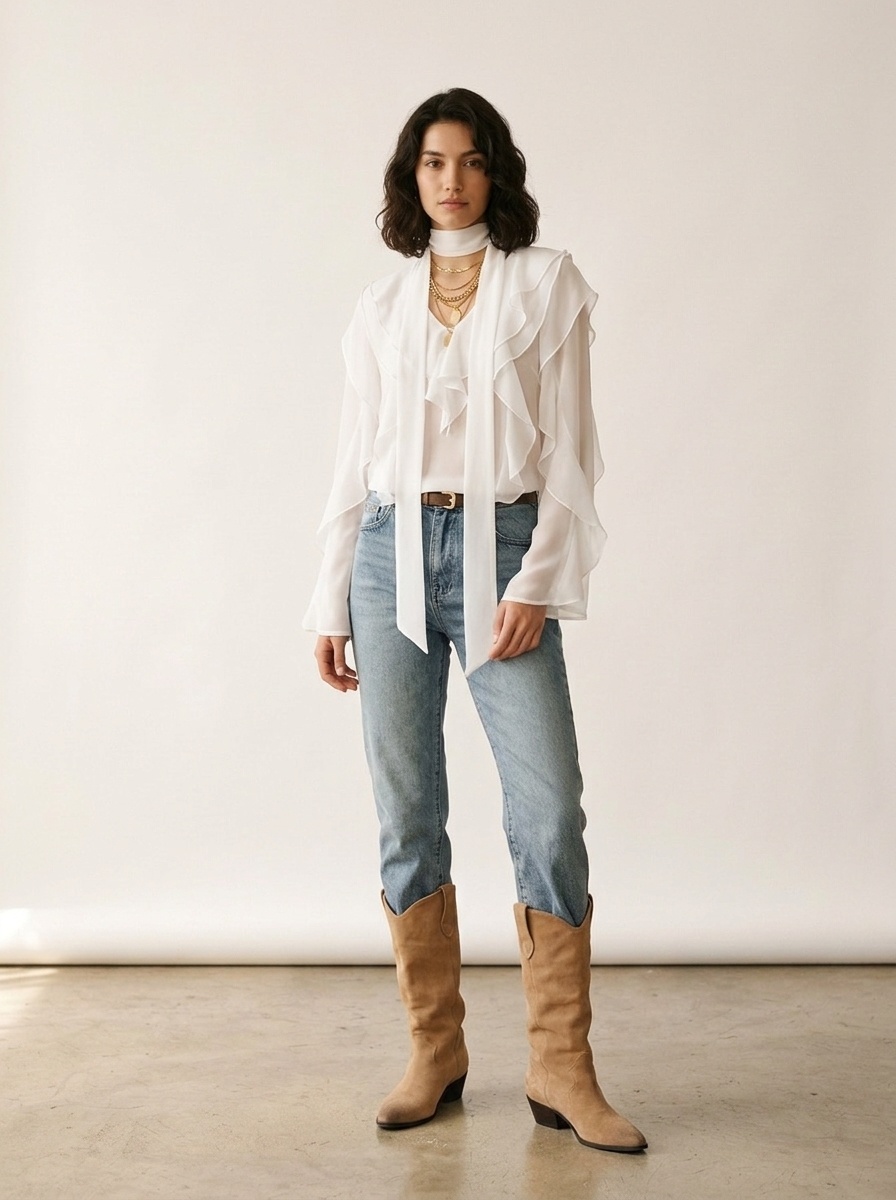 Chemisier en mousseline à volants et col noué