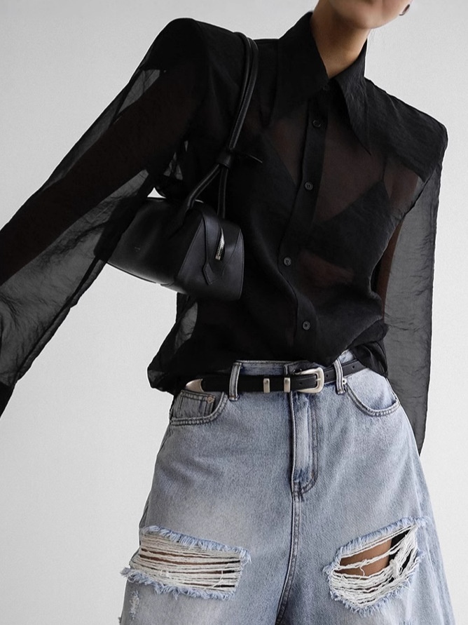 Chemise boutonnée oversize transparente - Noir et marron