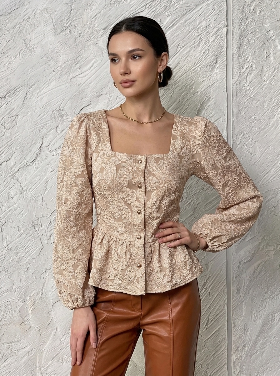 Blouse péplum à col carré et imprimé floral texturé