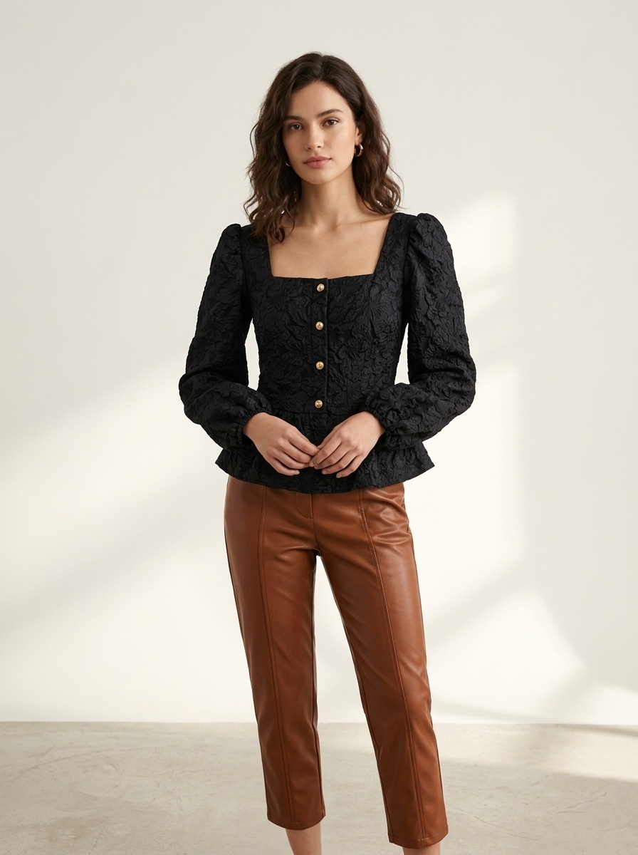 Blouse péplum à col carré et imprimé floral texturé