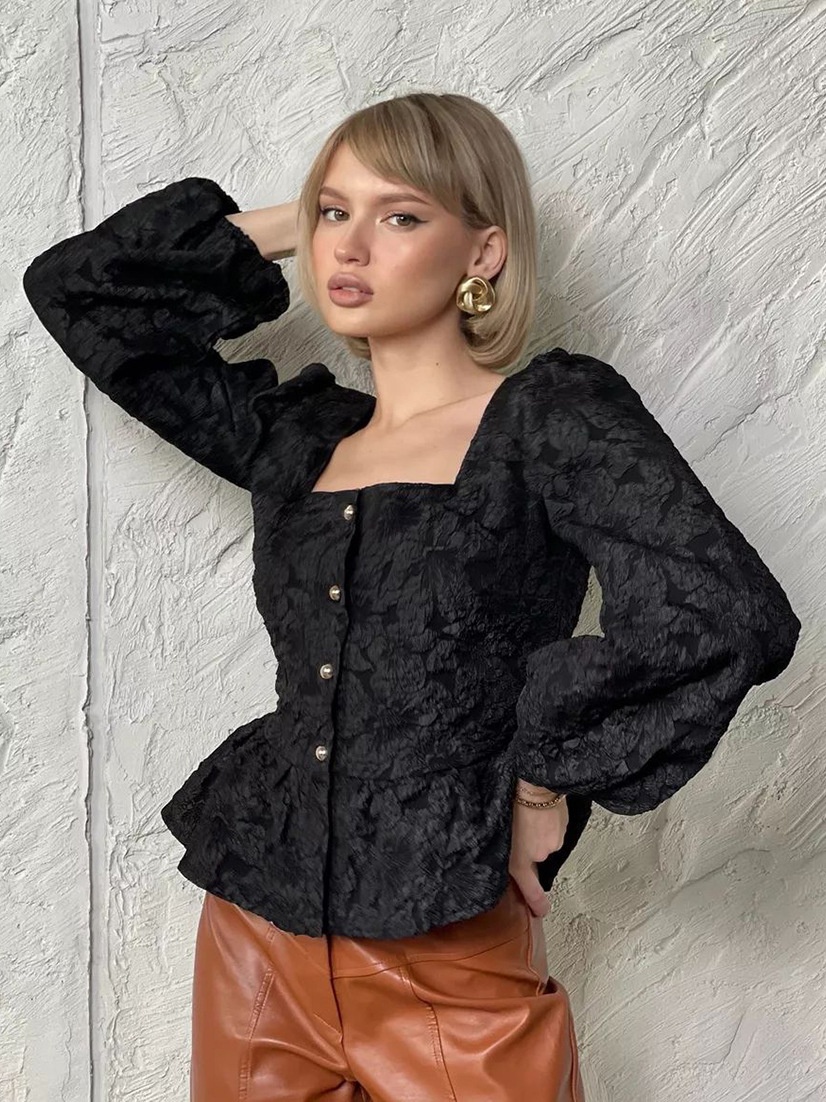 Blouse péplum à col carré et imprimé floral texturé