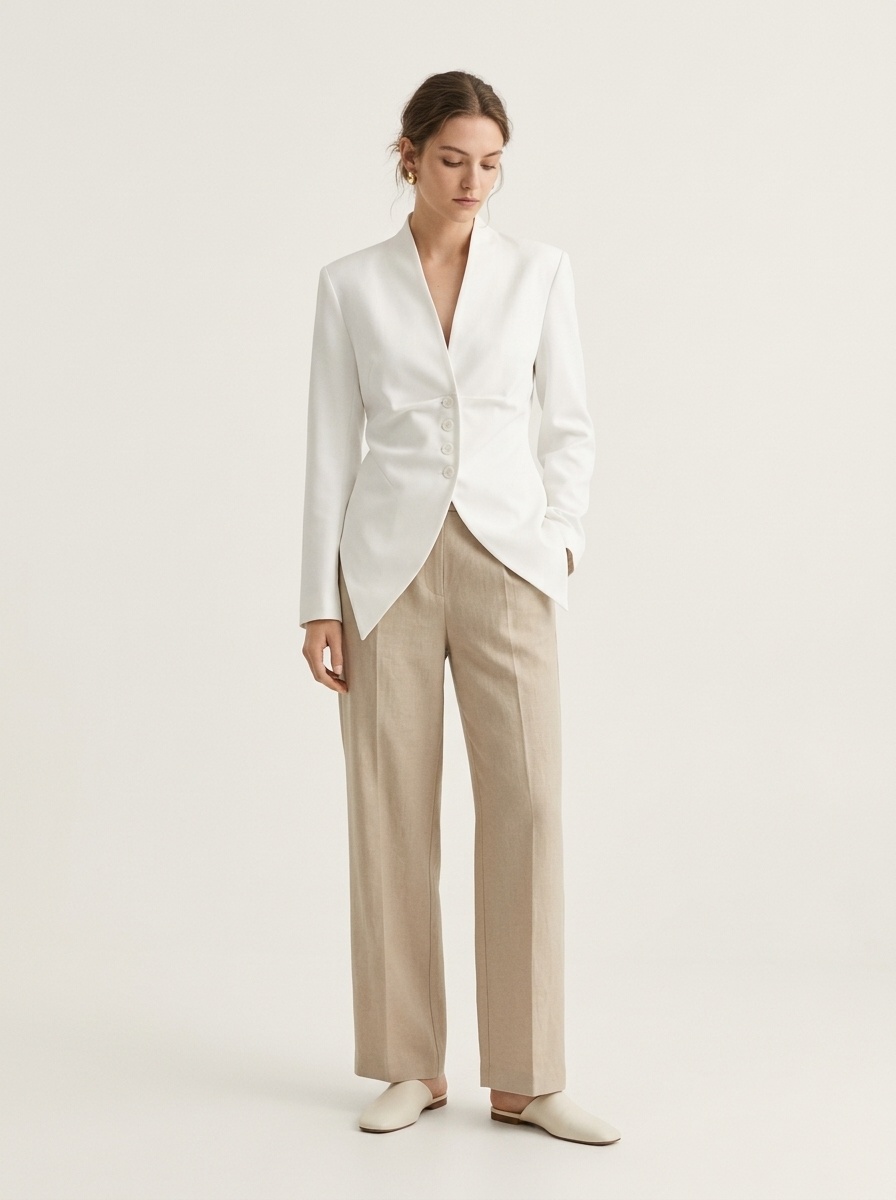 Blazer da donna con scollo a V, vita stretta e laccetti sul retro.