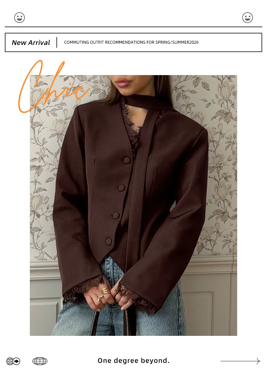 Blazer da donna a maniche lunghe con scollo a girocollo e bordo in pizzo