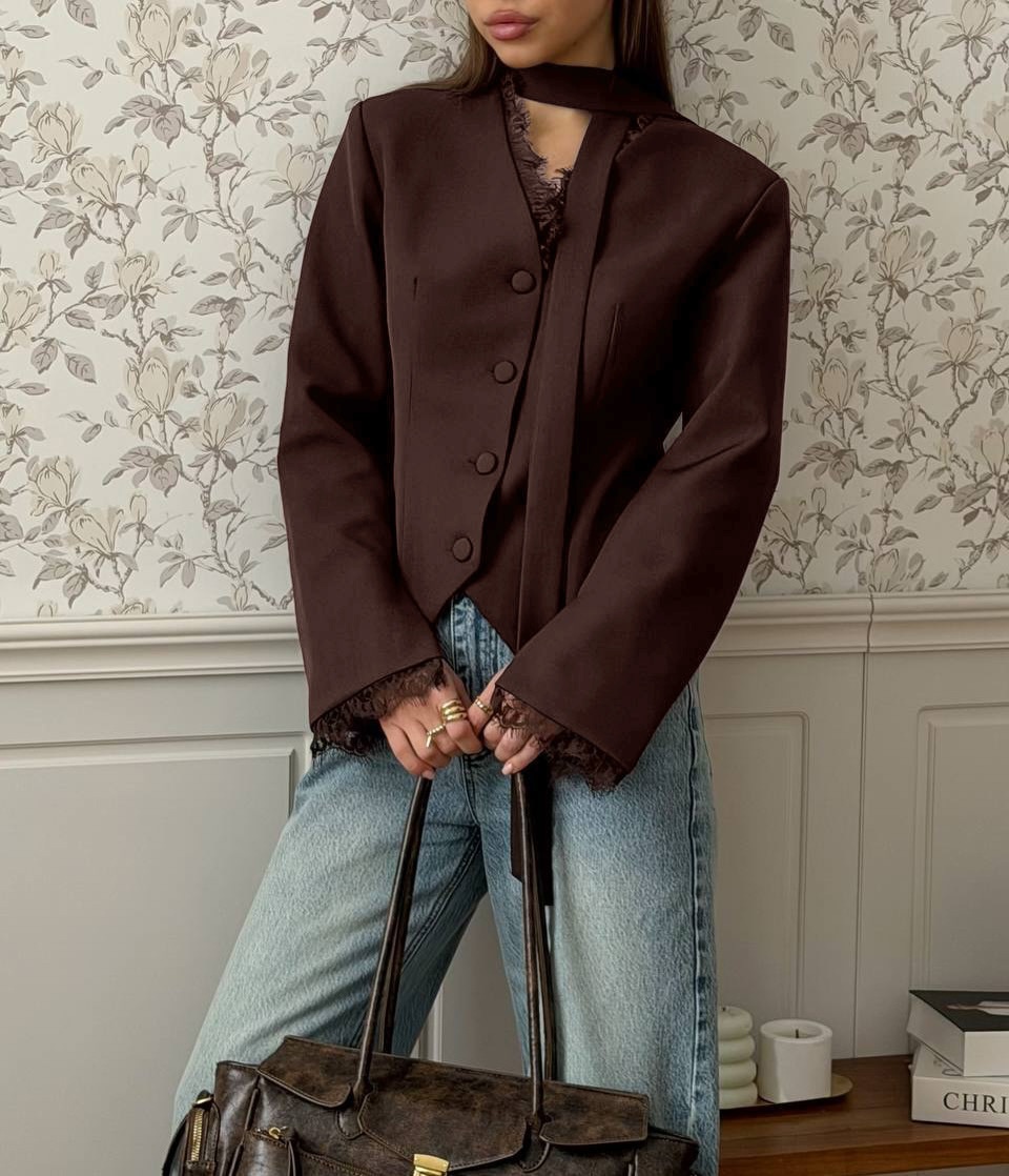 Blazer da donna a maniche lunghe con scollo a girocollo e bordo in pizzo